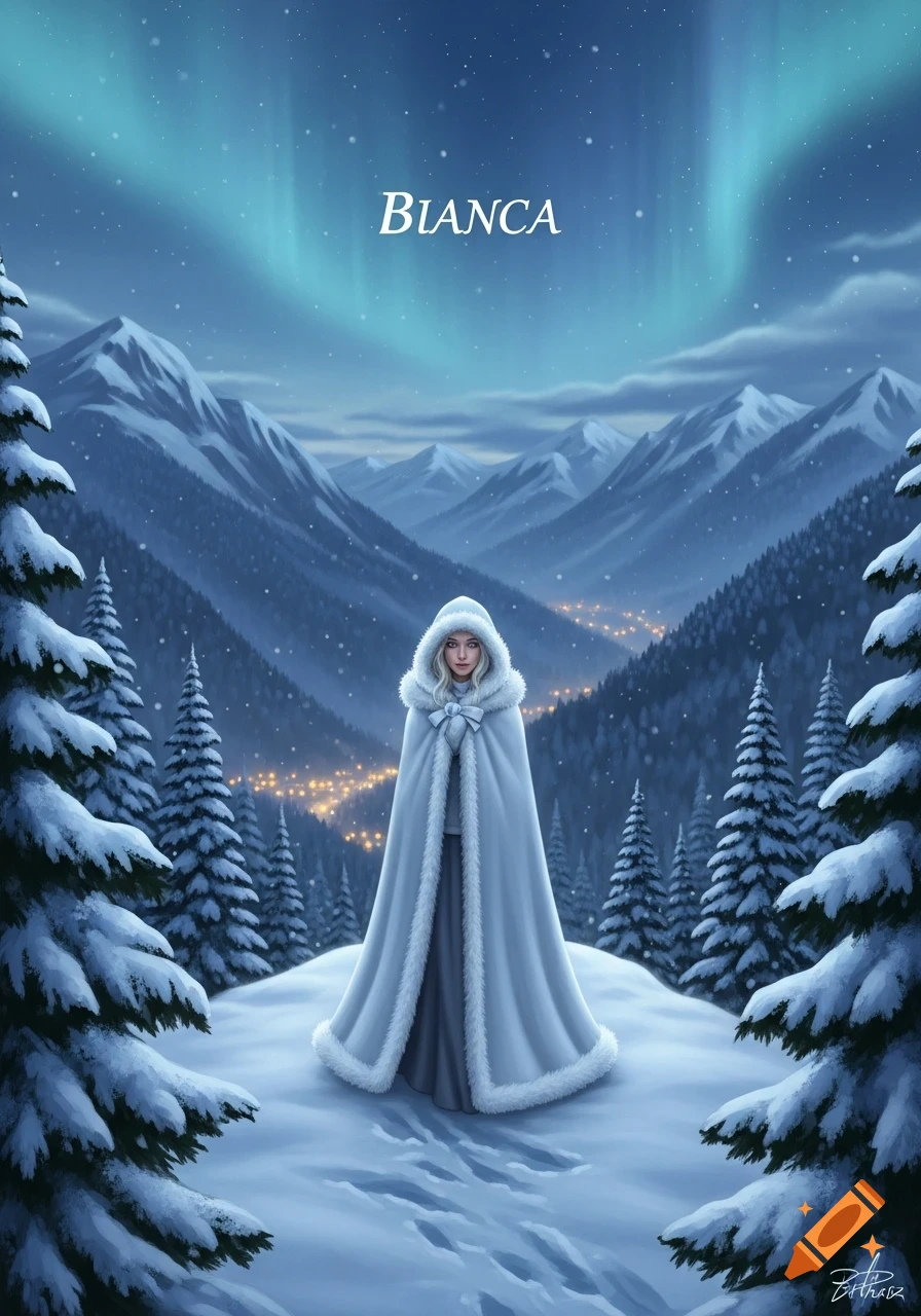 Illustration of a woman in a white cloak in a snowy mountain landscape under an aurora, with 'BIANCA' text.