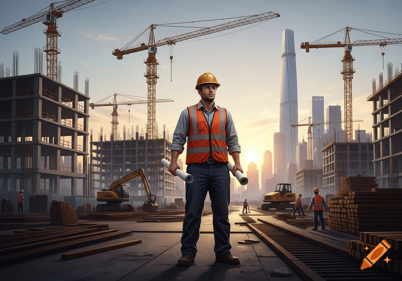 Male engineer with hard hat and safety vest holding blueprints at a large construction site with cranes and city skyline at sunset.