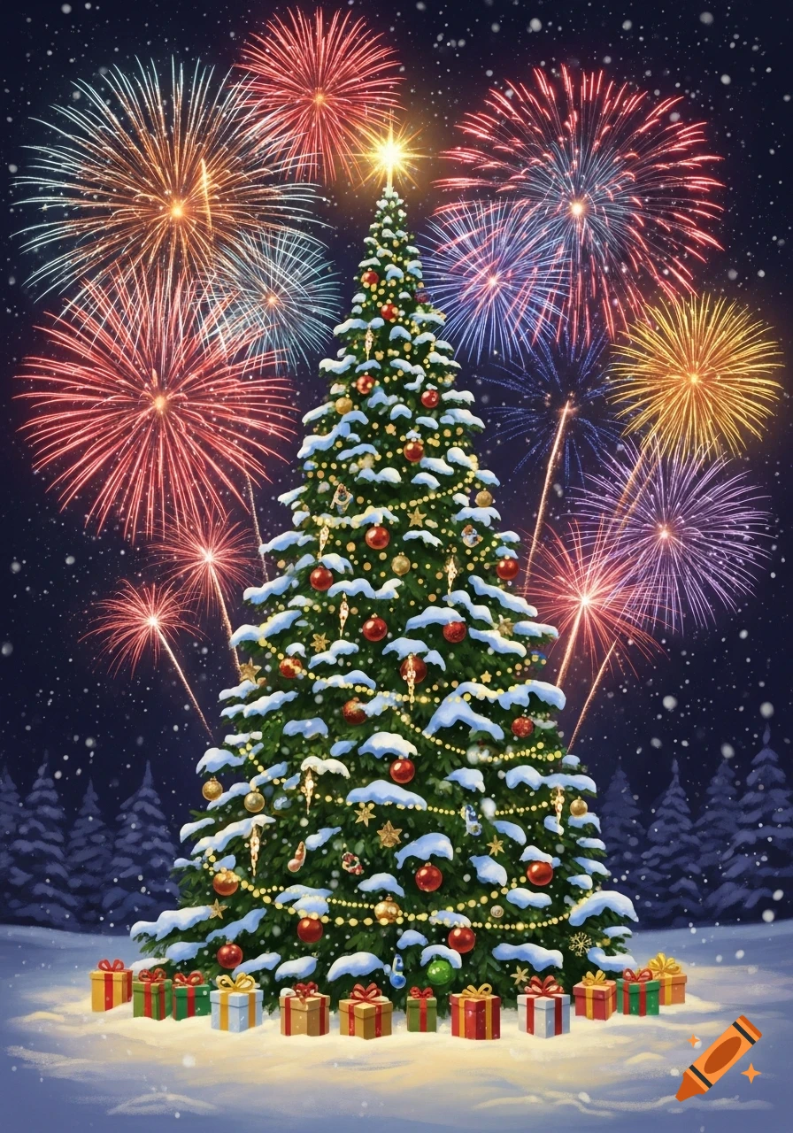 A vibrant illustration of a snow-covered Christmas tree with colorful fireworks exploding in the night sky, surrounded by gifts.