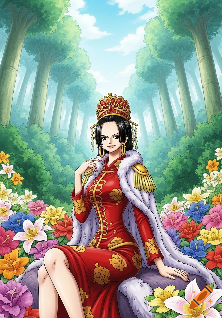 Boa Hancock from One Piece, in a red traditional dress and crown, sits elegantly amidst colorful flowers in an anime forest.