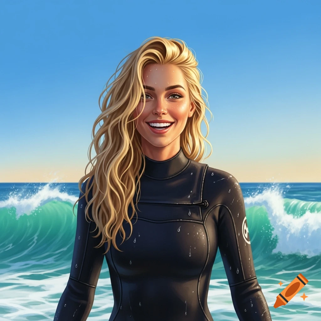 A smiling blonde woman in a black wetsuit stands in the ocean with waves behind her, in an illustrated style.