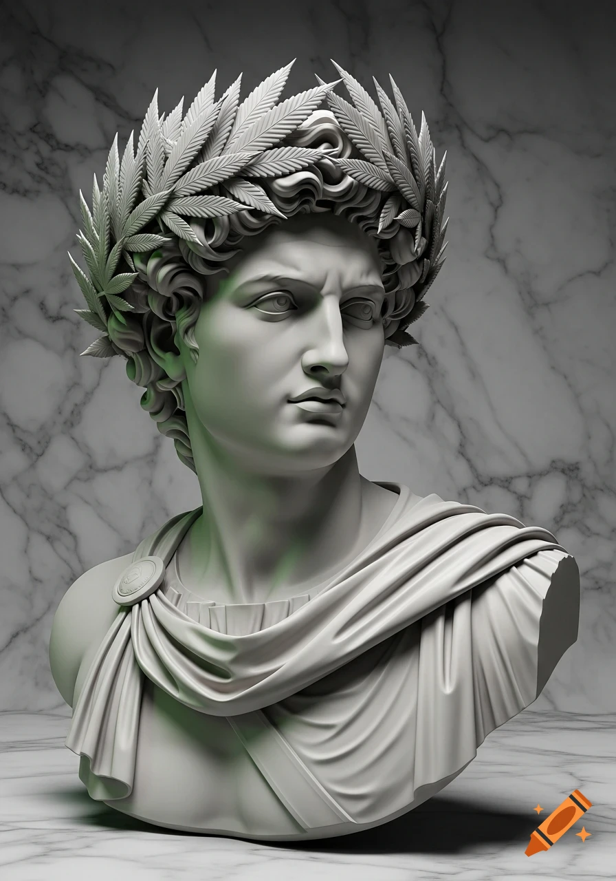 A classical Roman-style marble bust of a man wearing a wreath of cannabis leaves, set against a grey marble background with a subtle green glow.