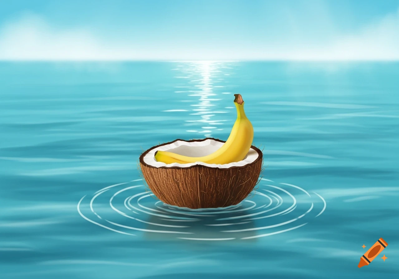 A banana sits inside a half coconut, floating on calm blue ocean water under a bright sky.