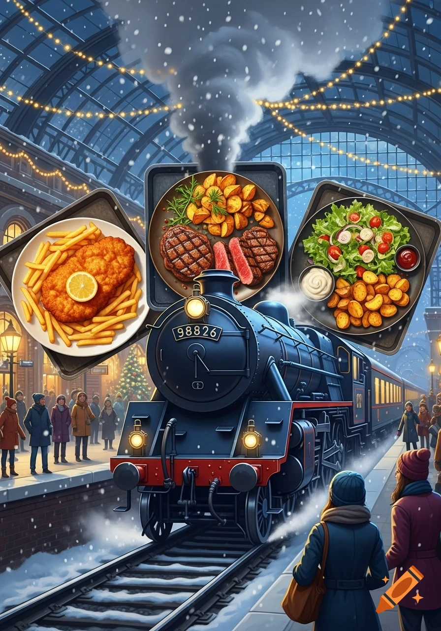 A stylized train pulling into a snowy, festive Christmas station, with floating plates of schnitzel, steak, and salad above it.