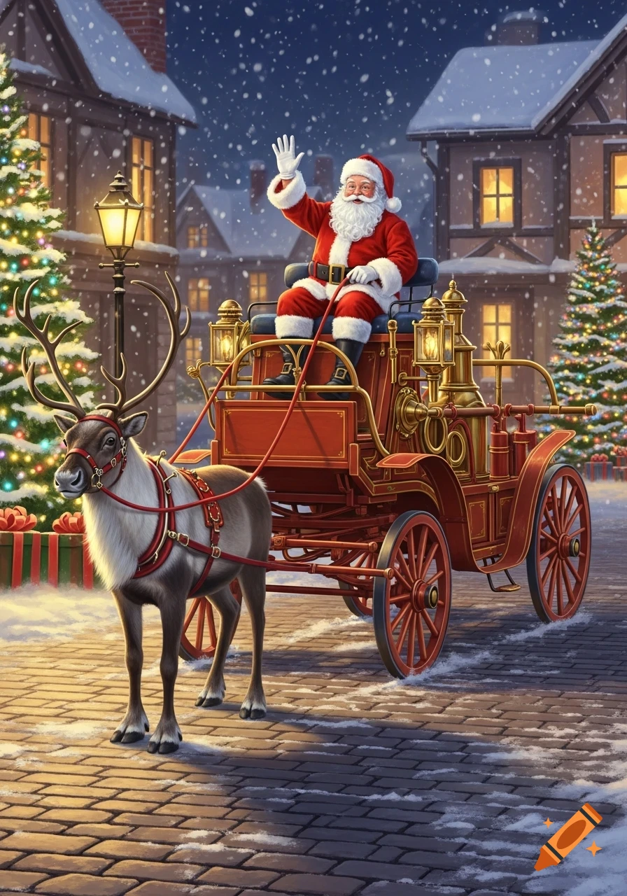 Santa Claus waves from a vintage fire engine pulled by a reindeer on a snowy cobblestone street in a festive town.