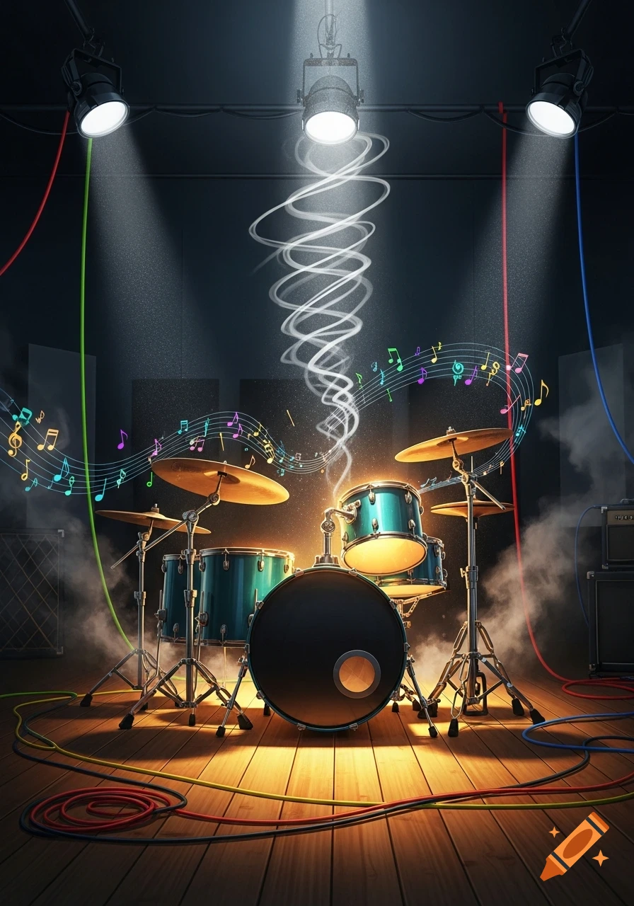 A teal drum set on a wooden stage floor, illuminated by bright spotlights. Musical notes float around, and colorful cables are visible.