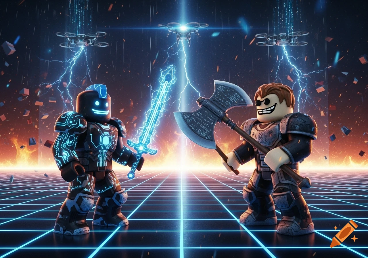 Two armored, blocky Roblox-style characters, one with a glowing sword and one with an axe, face off on a neon grid.