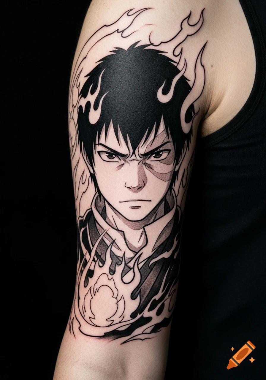 Close-up of a bicep tattoo featuring Zuko from Avatar: The Last Airbender, rendered in a manga panel style with flames surrounding his head.