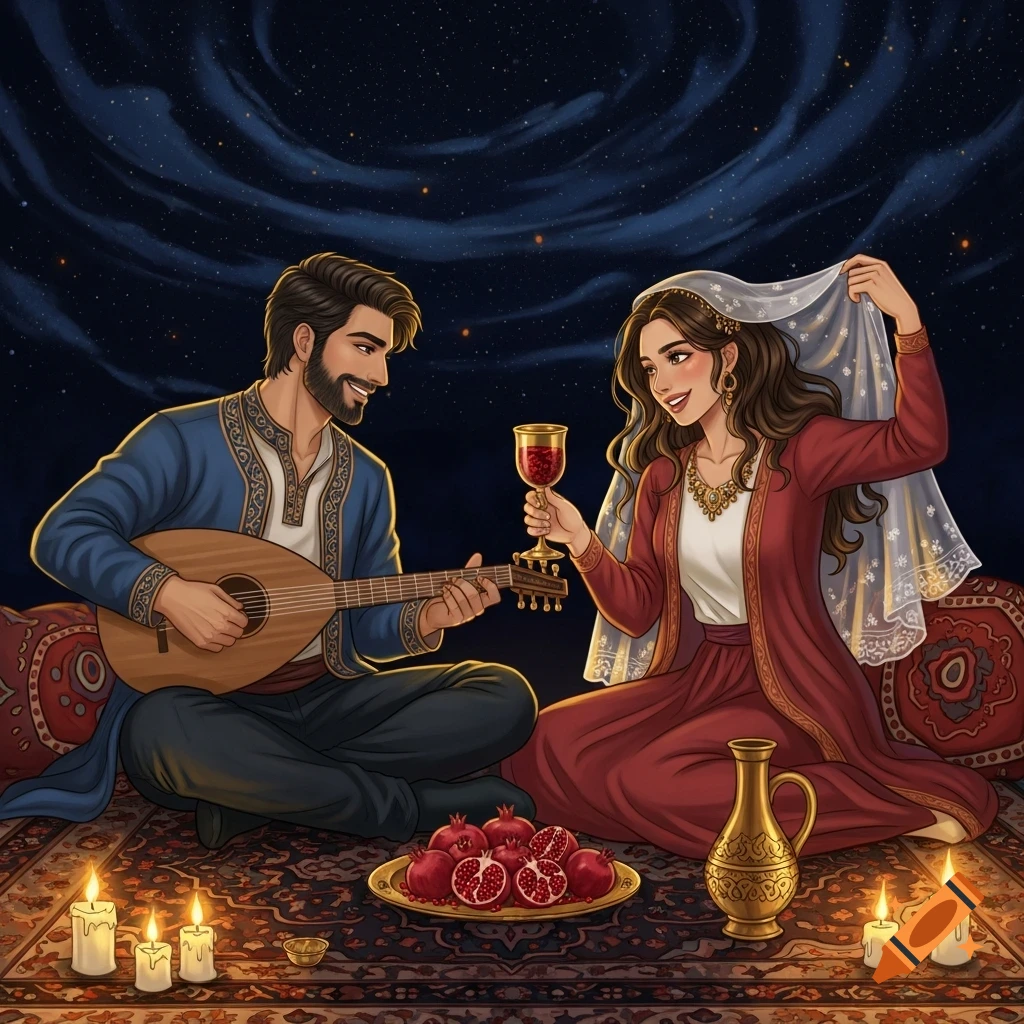 A stylized illustration of a man playing a lute and a woman holding a goblet, sitting on a patterned rug with pomegranates and candles under a starry night sky.