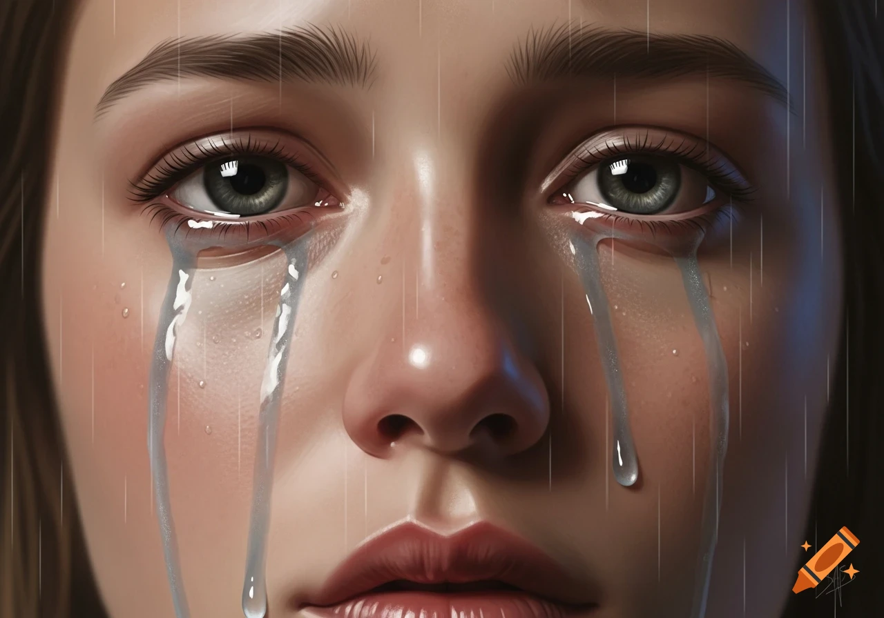 Close-up portrait of a person's face, with tears and raindrops streaking down, conveying sadness.