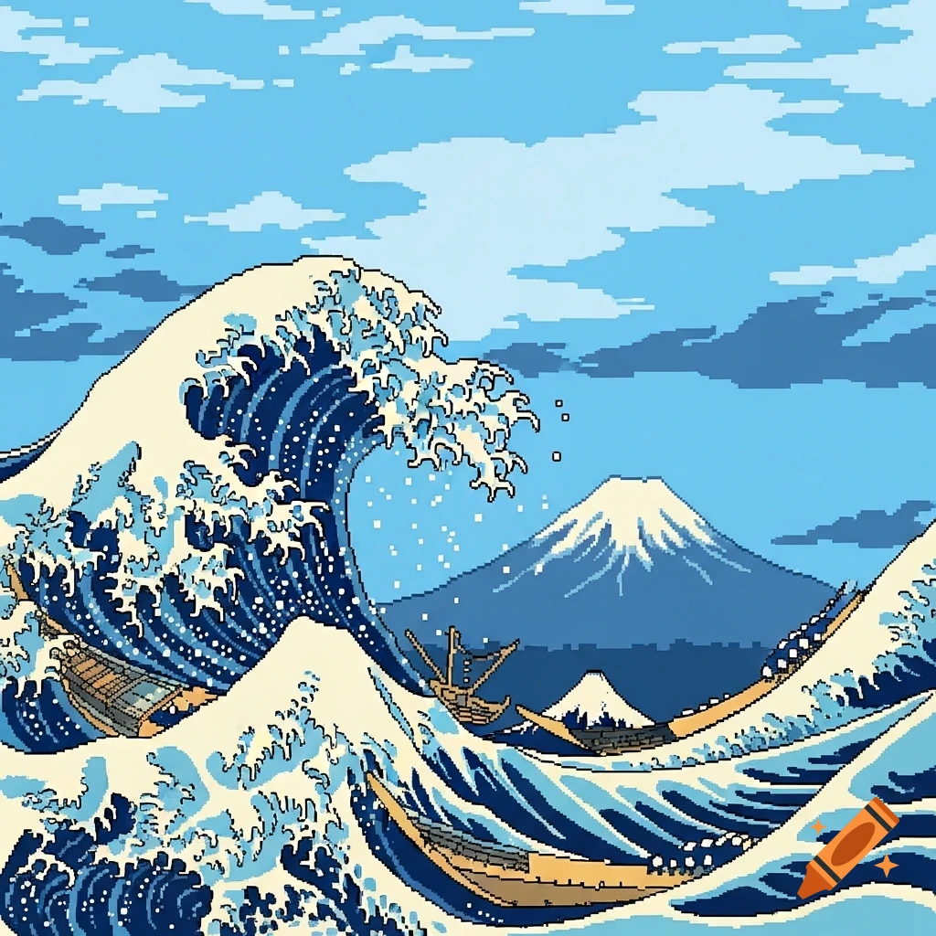 8-bit pixel art rendition of The Great Wave off Kanagawa, showing a massive breaking wave, boats, and Mount Fuji.