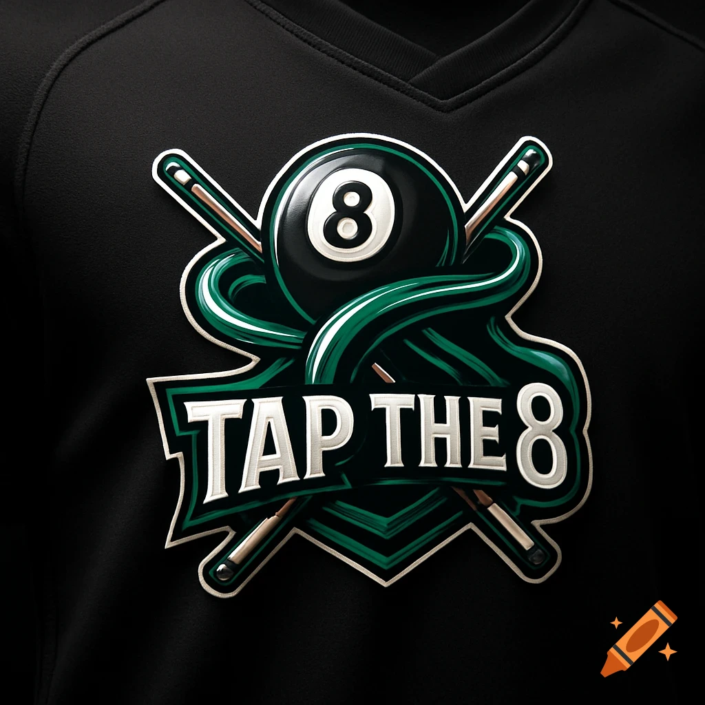 Green and white 'Tap the 8' billiards team logo featuring an 8-ball and crossed pool cues on a black shirt.