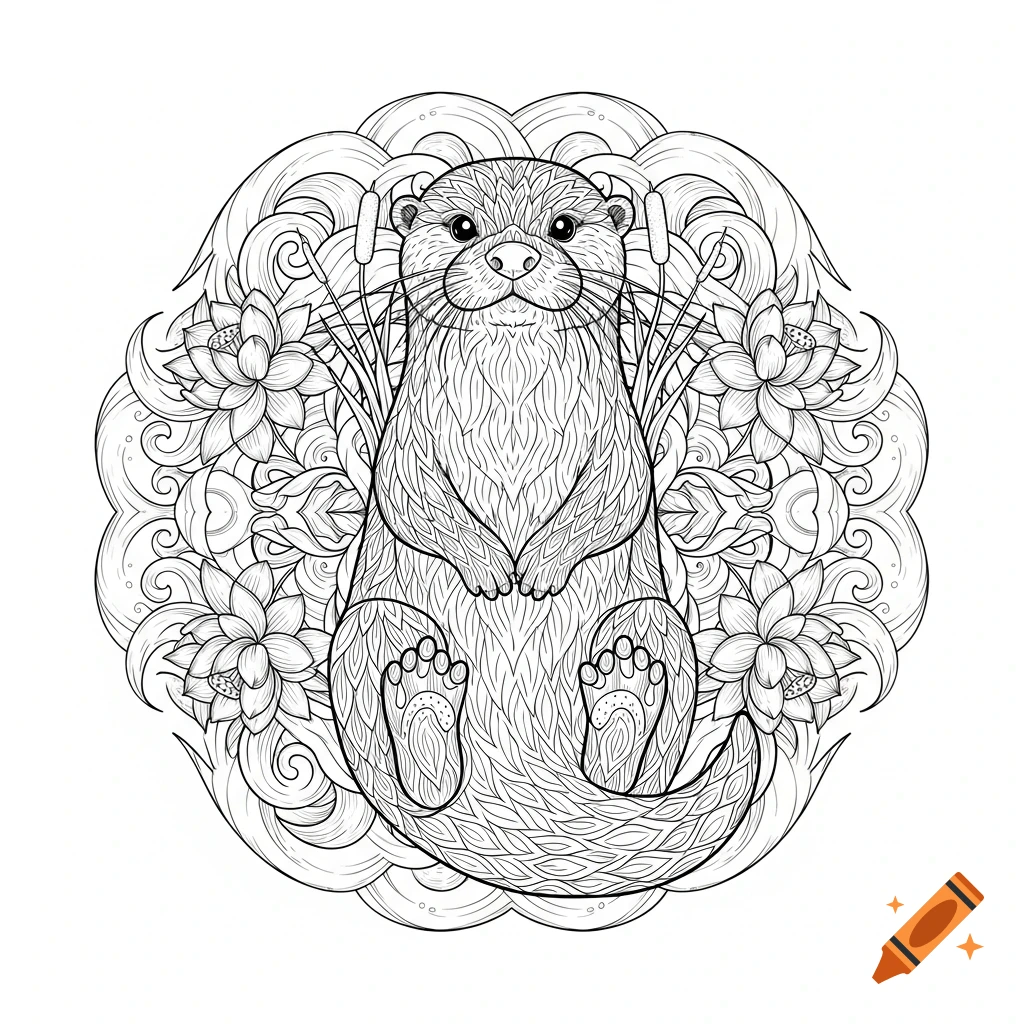Detailed black and white line art drawing of an otter centered within an intricate floral and swirling mandala design, coloring page style.