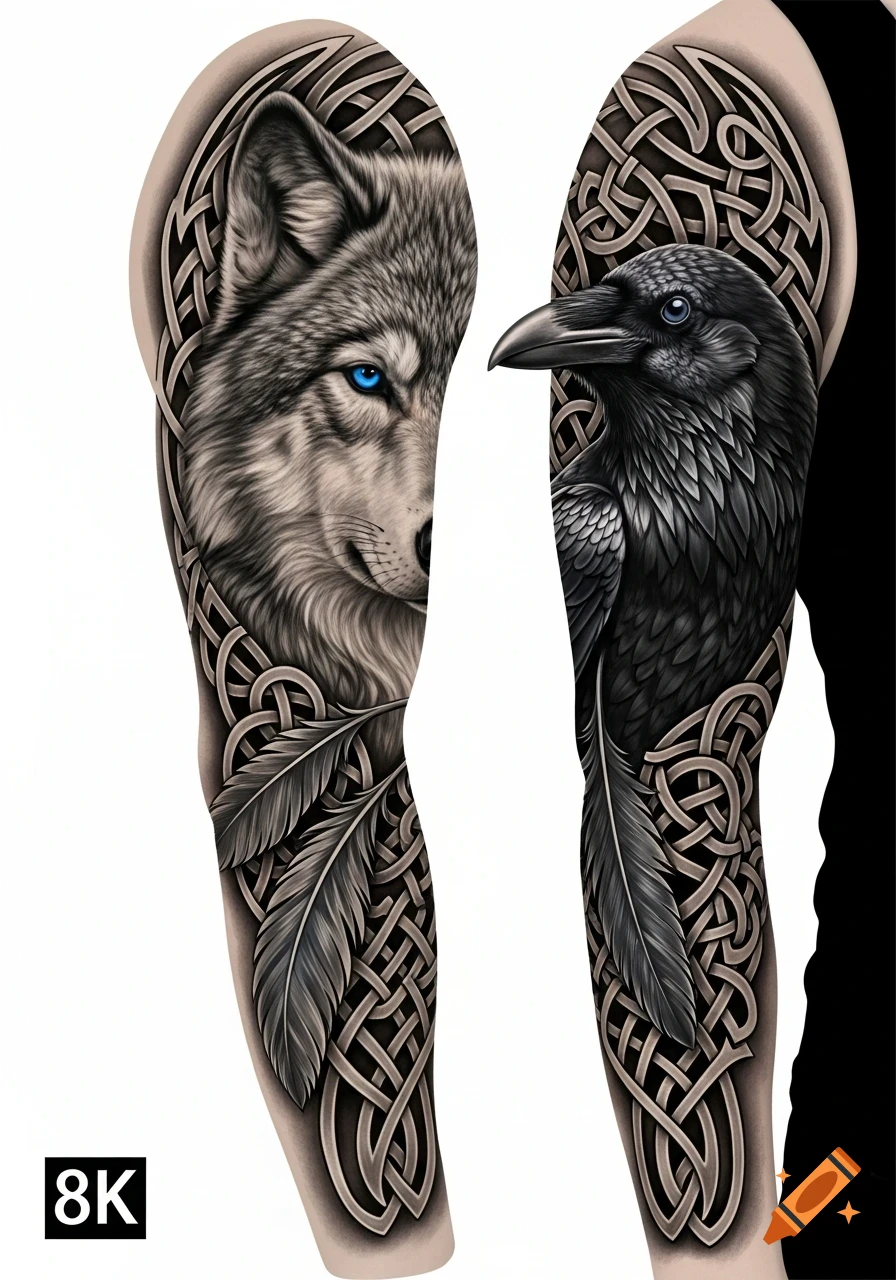 Realistic black and grey tattoo design on an arm, featuring a wolf head with blue eyes, a raven head, Celtic knots, and feathers.