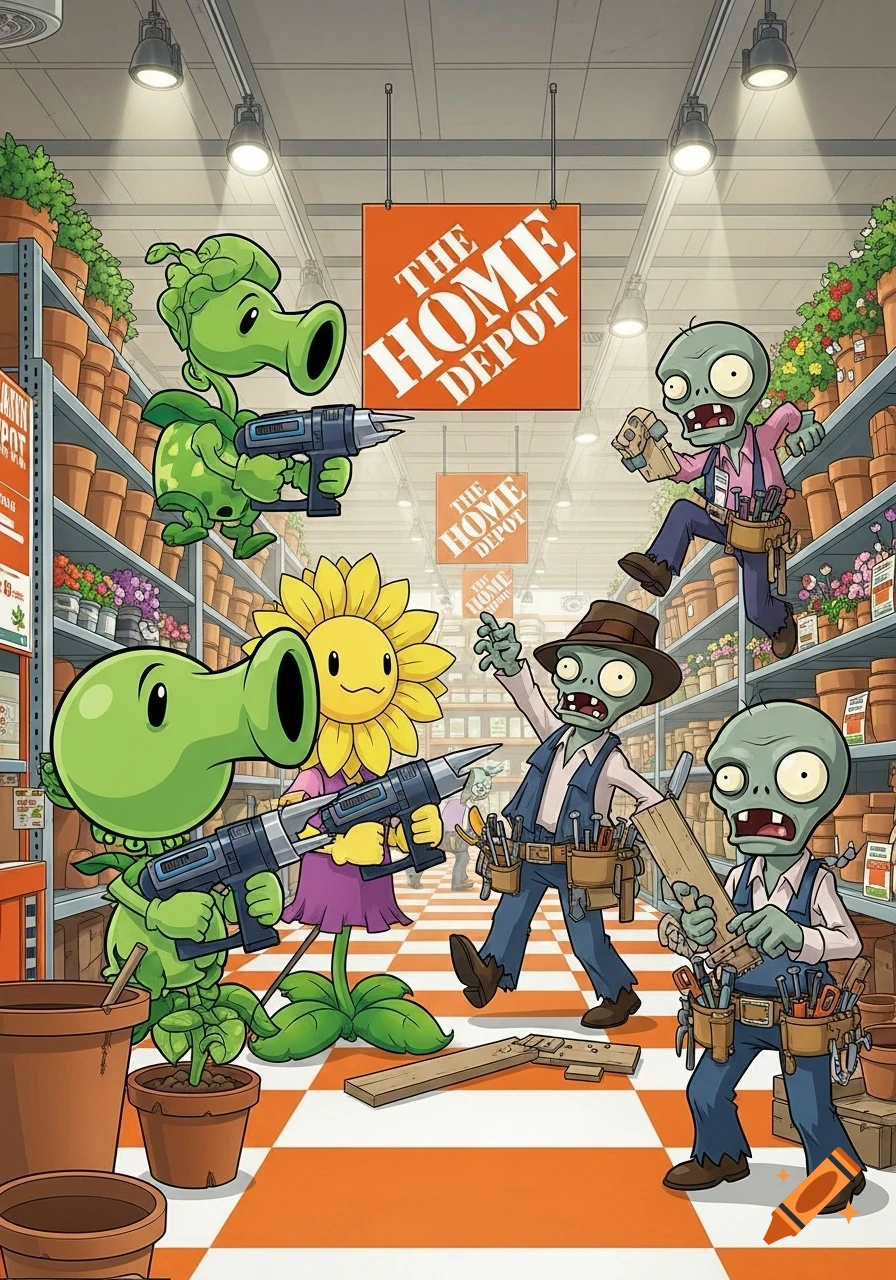 Anime-style Plants vs Zombies battle in a Home Depot. Peashooters wield drills against zombie handymen amidst garden shelves.