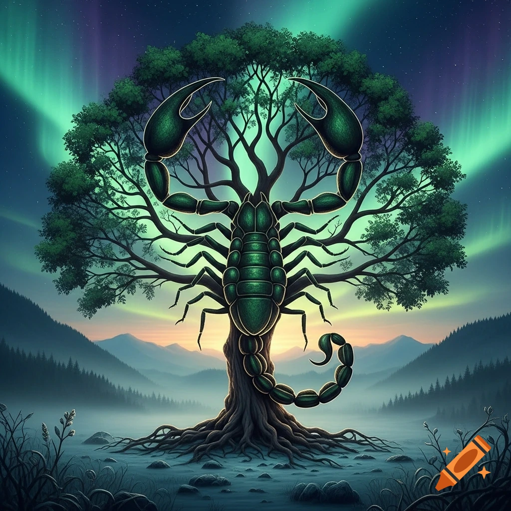 A mystical tree shaped like a green scorpion, rooted in a misty landscape with mountains and a forest under an aurora borealis sky.