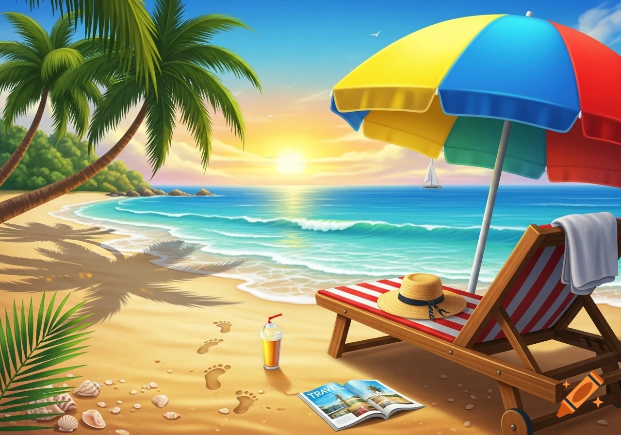 A vibrant cartoon-style beach at sunset with palm trees, a colorful umbrella, a lounge chair, a straw hat, and a magazine.