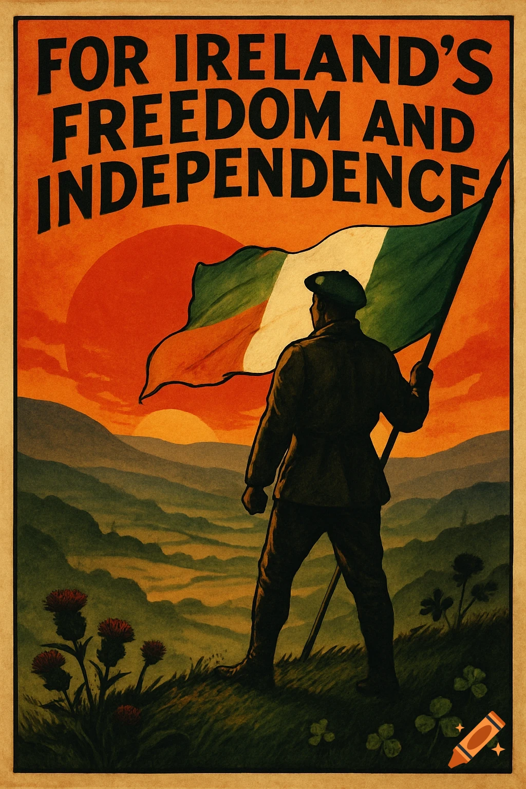 A vintage-style propaganda poster shows a silhouetted man holding a large Irish flag, facing a sunset over rolling green hills. Text reads: "FOR IRELAND'S FREEDOM AND INDEPENDENCE".