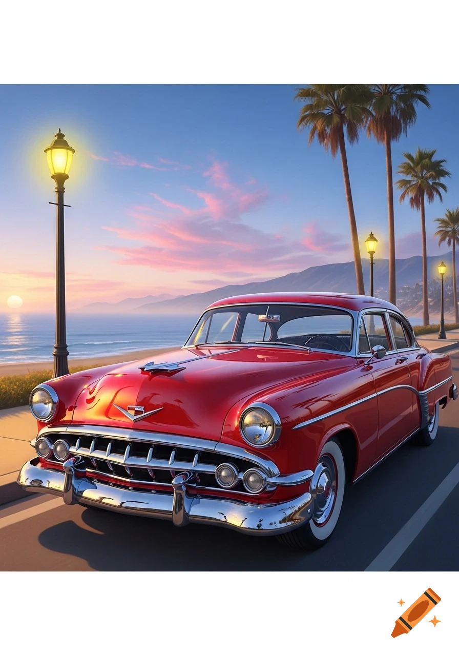 Red classic car parked on a coastal road at sunset with palm trees, streetlights, and the ocean in the background.