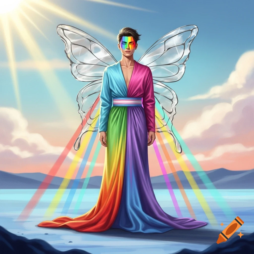 A person in a flowing rainbow dress with iridescent butterfly wings stands on water, bathed in rainbow light under a sunny sky.