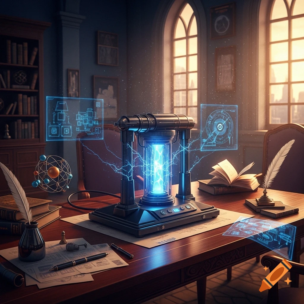 A futuristic glowing energy device sits on a wooden desk in a classic study, surrounded by holographic schematics, quill pens, and books.
