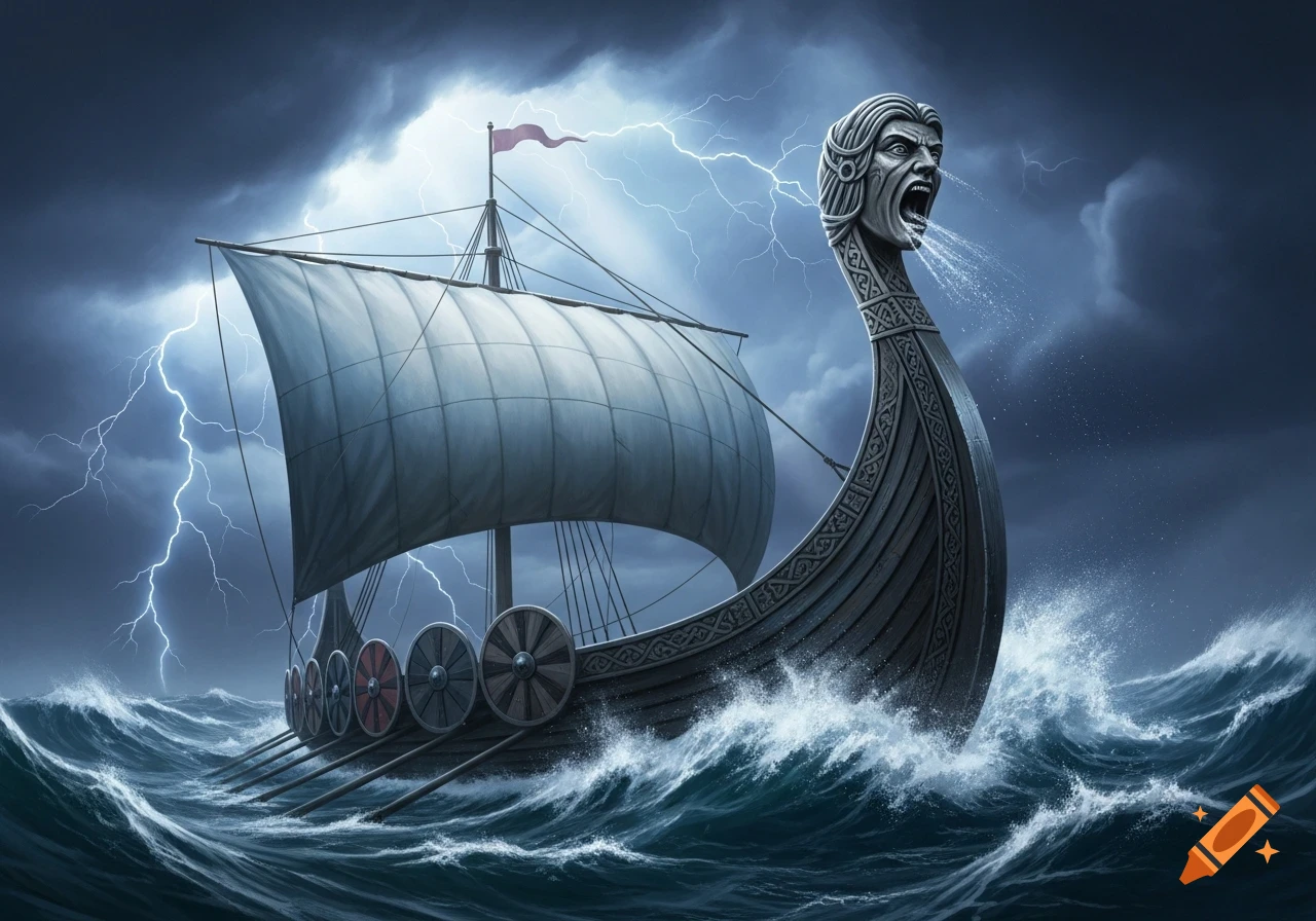 A Viking longship with a carved screaming woman prow cuts through stormy, lightning-filled seas under dark clouds.