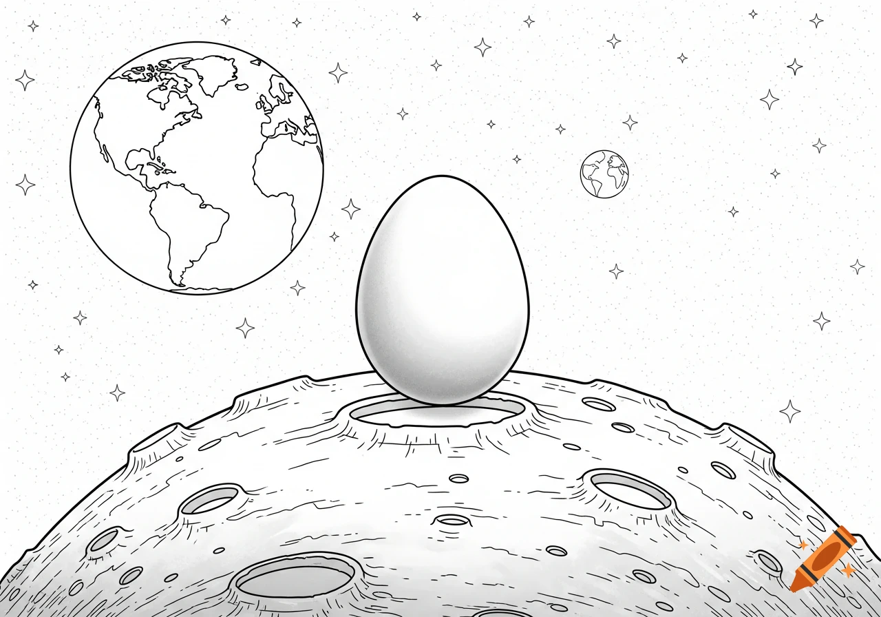 Line art illustration of a large egg on the moon's surface, with Earth and stars in the background.