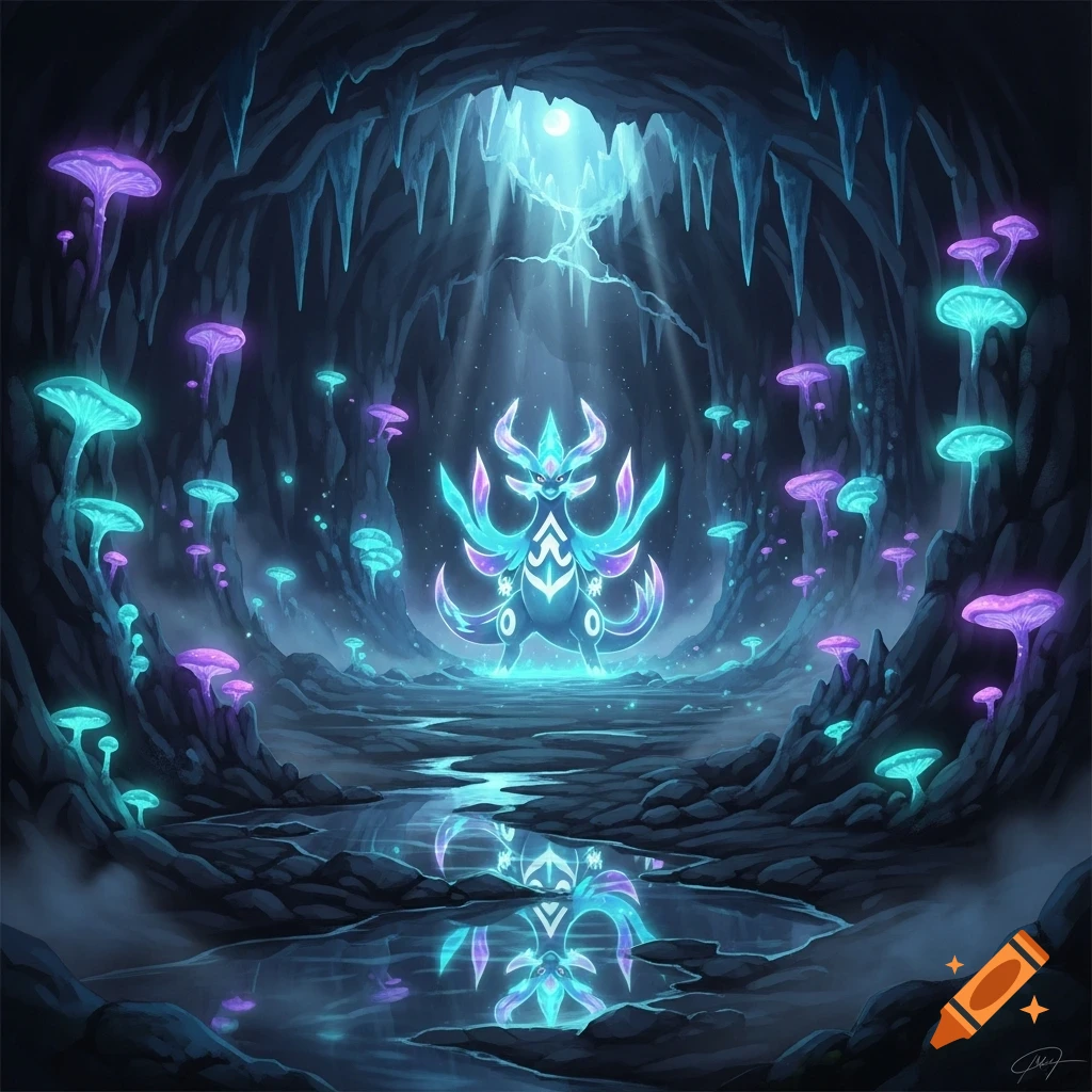 A glowing, stylized legendary Pokémon creature stands in a mystical cave filled with luminous blue and purple mushrooms, reflected in a stream.