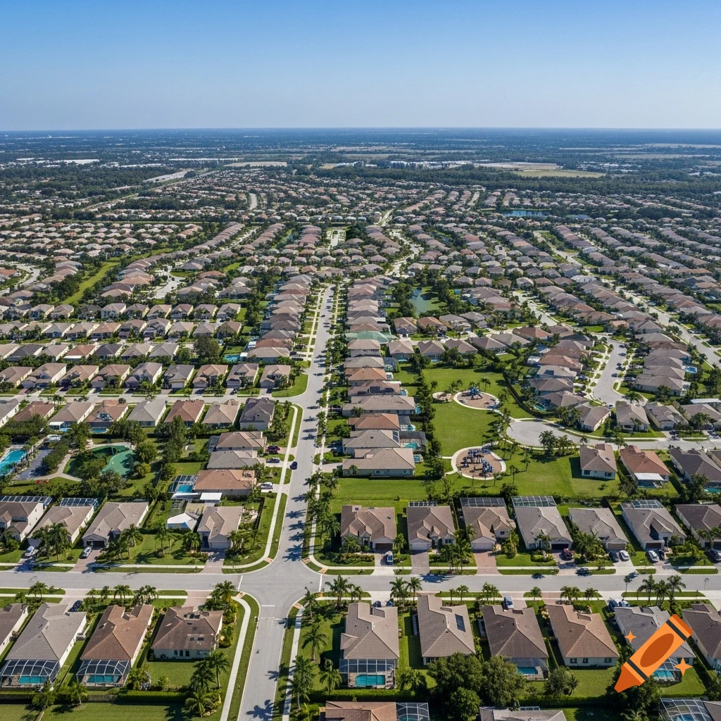 Aerial view of a vast suburban residential area featuring numerous houses, streets, and green lawns beneath a clear blue sky.