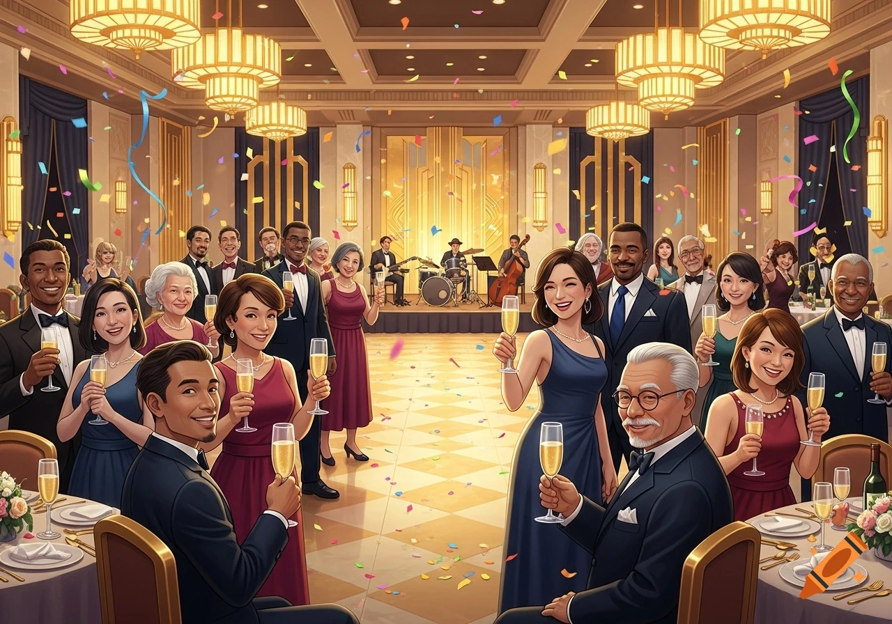 A diverse group of people celebrating and toasting with champagne glasses in an elegant Art Deco banquet hall with confetti and a band.