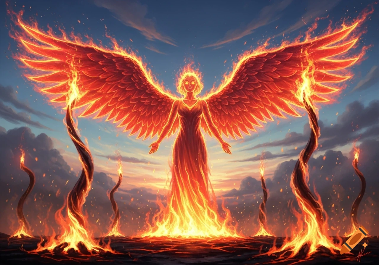 A majestic, winged angel made of fire stands with arms outstretched against a sunset sky, surrounded by flames.