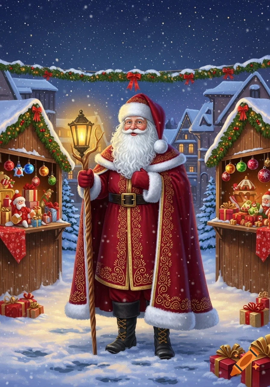 Santa Claus in a red and gold robe holds a lantern at a snowy Christmas market under a starry night sky.
