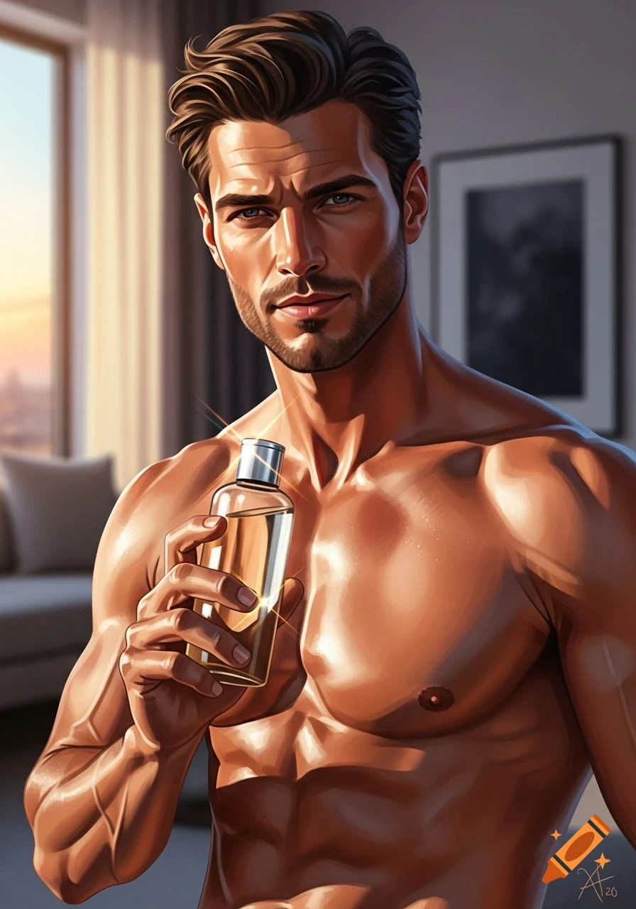Digital painting of a handsome, muscular man holding a bottle of baby oil in soft window light.