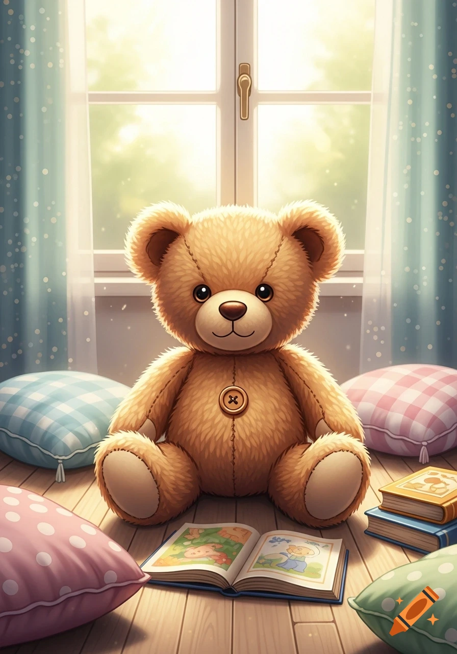 A cute brown teddy bear sits on a wooden floor in front of a sunlit window, surrounded by colorful pillows and open storybooks in a soft, illustrative style.