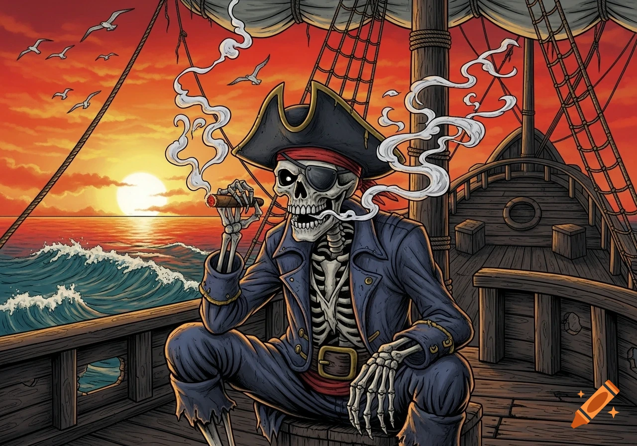 A stylized illustration of a pirate skeleton with an eyepatch smoking a cigar on a ship at sunset, with seagulls flying.
