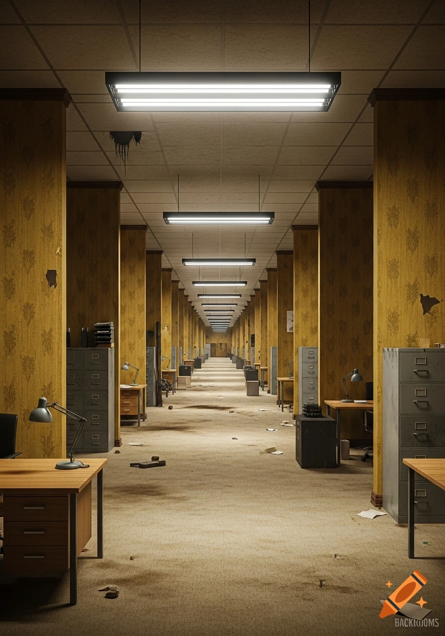 A long, seemingly endless, dimly lit abandoned office hallway with decaying yellow wallpaper, industrial carpet, fluorescent lights, and scattered desks and filing cabinets stretching into the distance. The word "BACKROOMS" is visible in the bottom right corner.
