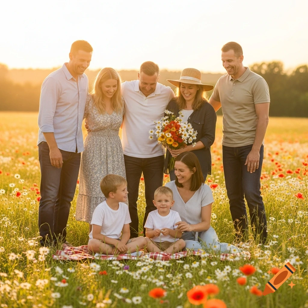 A photorealistic image of a smiling family with six adults and two children having a picnic in a sunlit, flowery field at sunset.