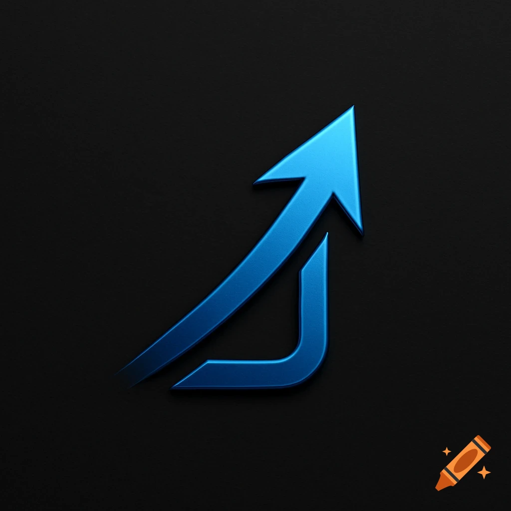 A glossy blue arrow logo pointing diagonally upwards on a dark gray background.