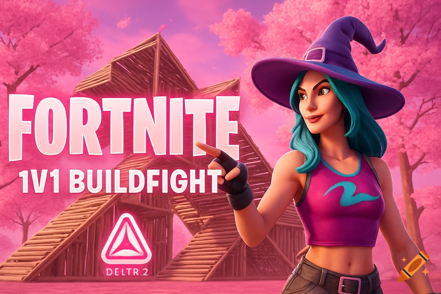 Stylized Fortnite character with a witch hat and blue hair points to the left, standing in front of wooden buildfight structures and pink sakura trees under a pink sky. Text reads "FORTNITE 1V1 BUILDFIGHT" and "DELTR.2".