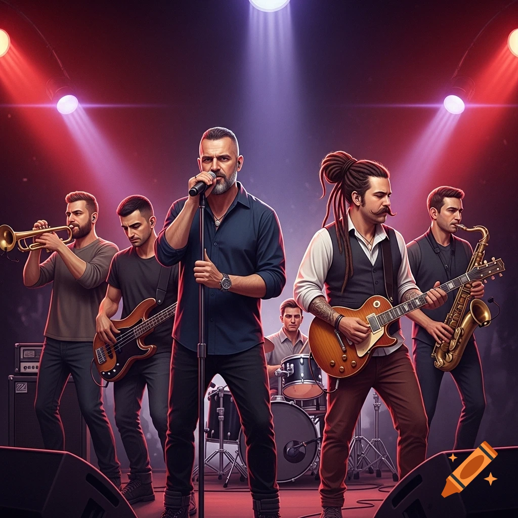 A diverse rock band, consisting of six men playing various instruments including a trumpet, bass, guitar, saxophone, and drums, performs on a stage bathed in red and purple spotlights.
