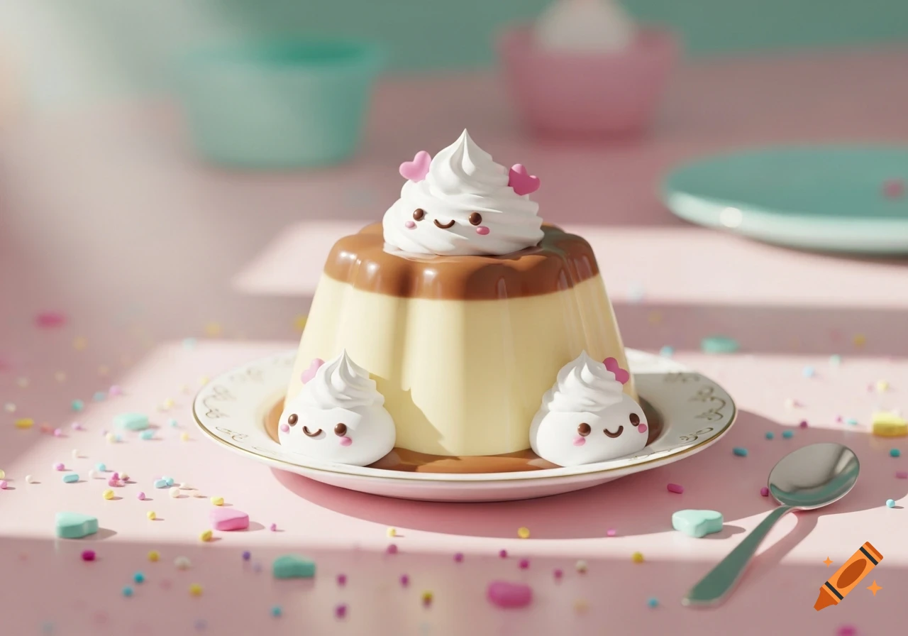 A cute 3D caramel pudding with smiling whipped cream faces and heart candies, surrounded by sprinkles on a pink table.