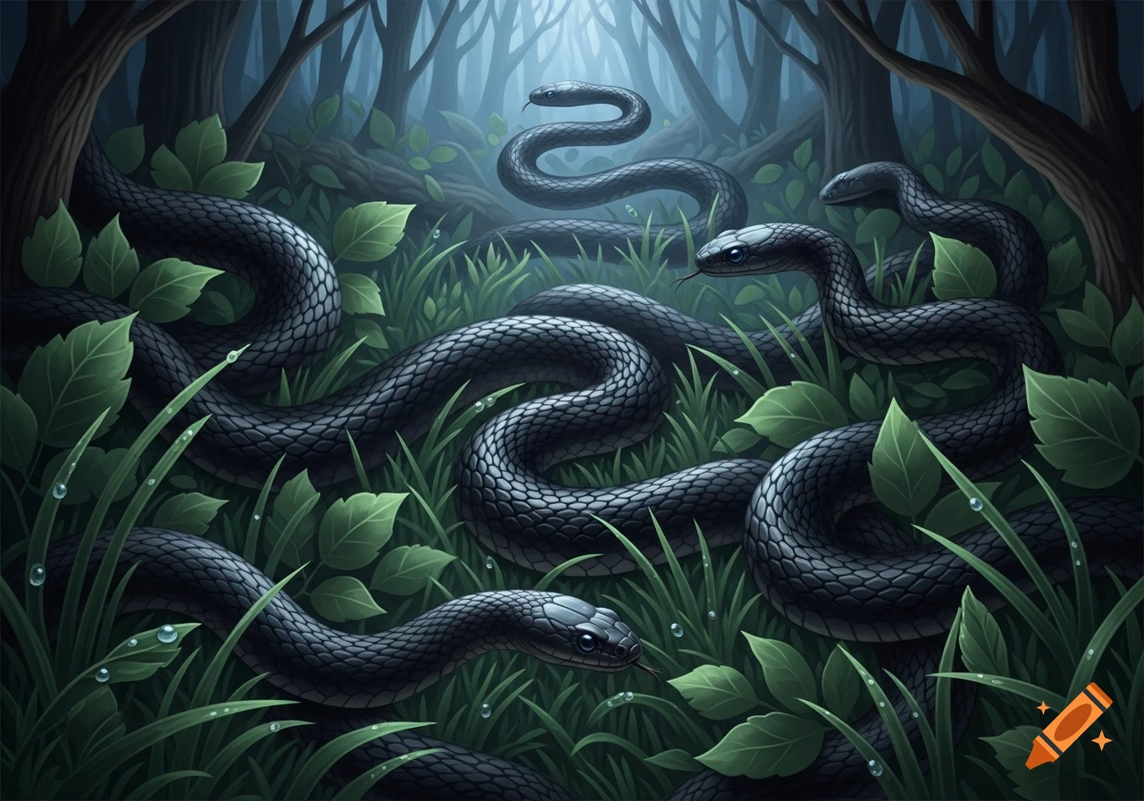 Illustrative image of several black snakes slithering through green grass and leaves in a dark, misty forest.