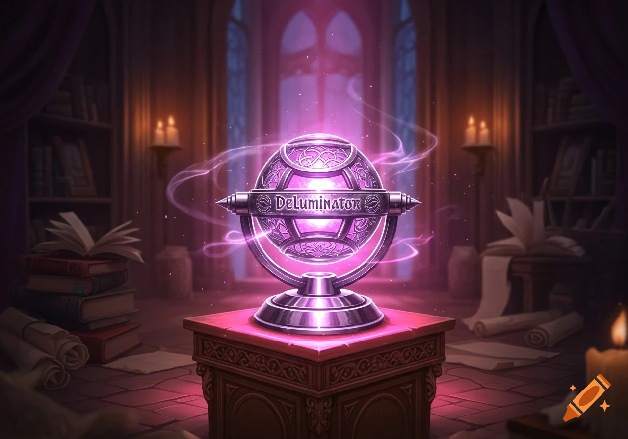A glowing purple orb labeled 'DeLUMINATOR' sits on a red-topped pedestal in a magical, dimly lit library with purple hues.