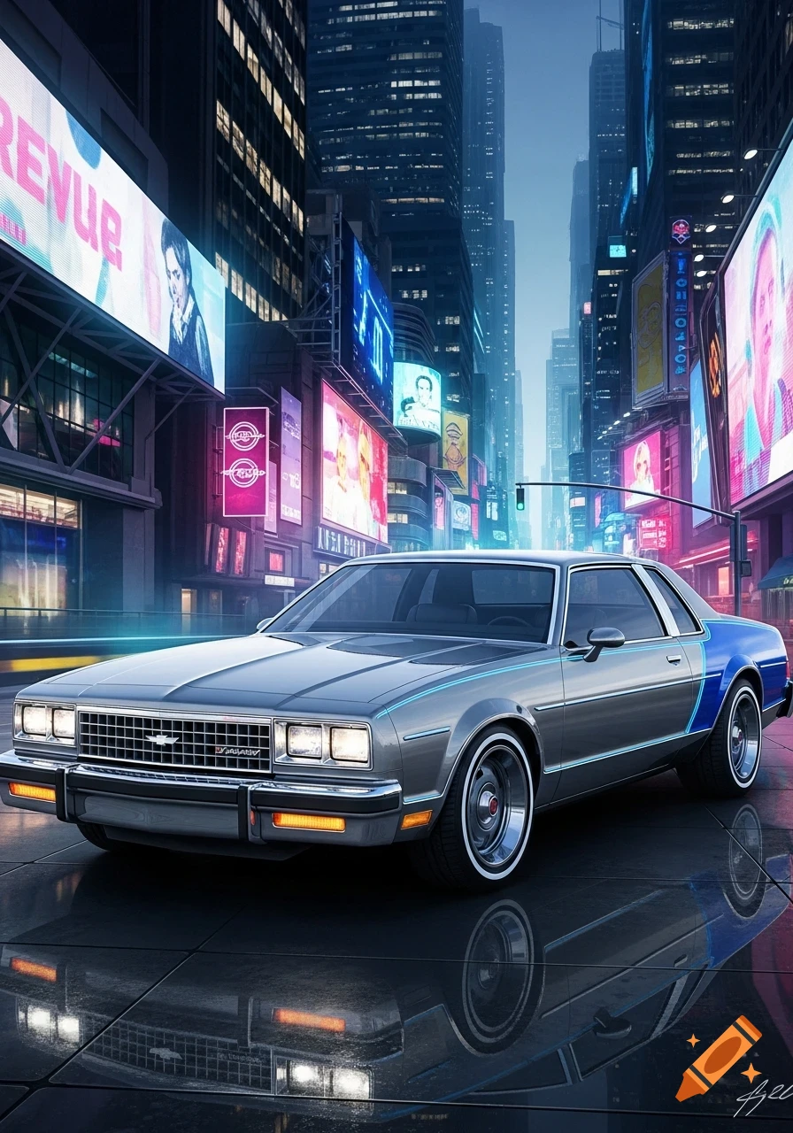 A re-imagined 1980 Chevy Citation X-11, with gray and blue stripes, parked on a wet street in a futuristic city at night, surrounded by neon billboards and tall buildings.