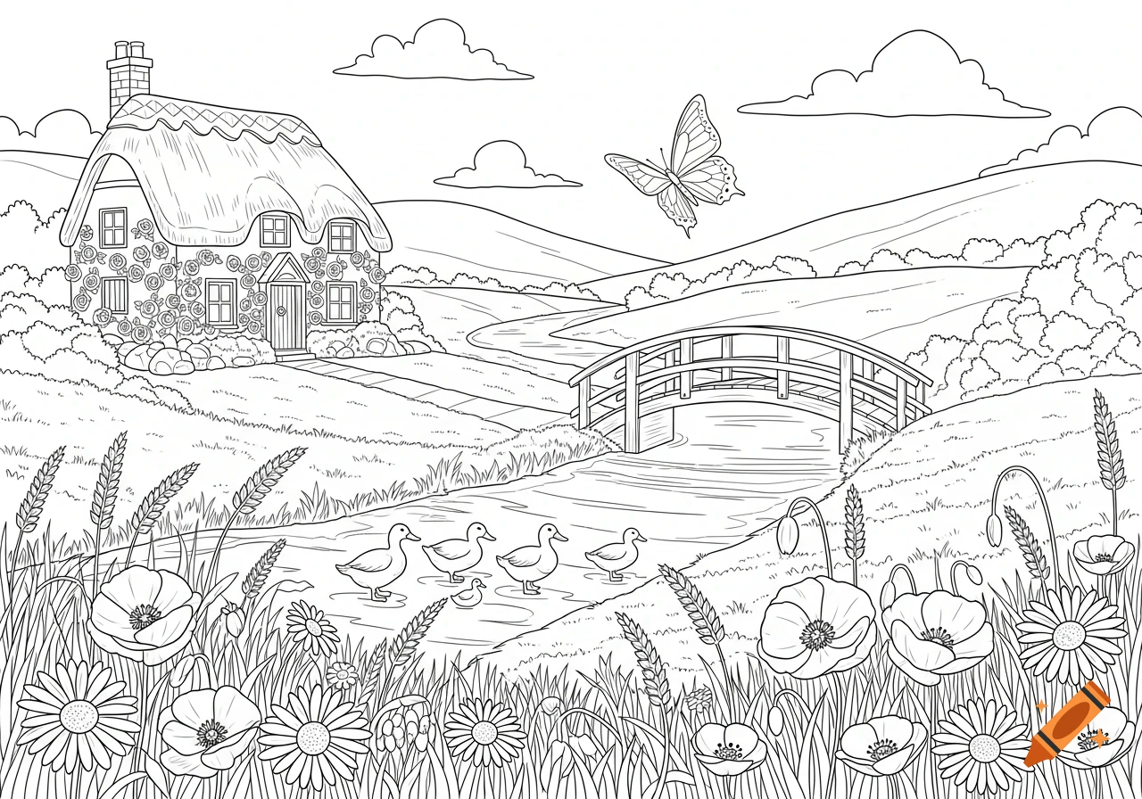 A line art coloring page of a tranquil countryside scene with a thatched cottage, a stream, a bridge, ducks, and various flowers.