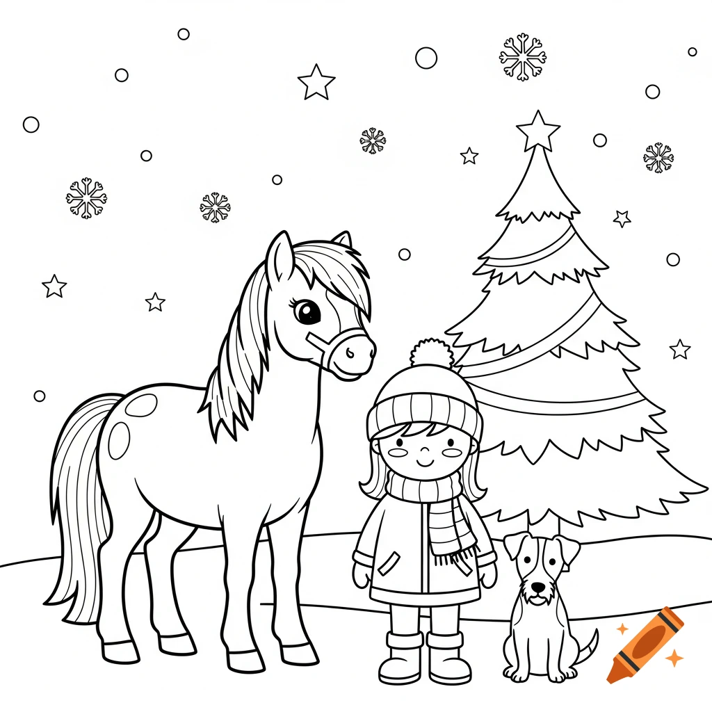 Black and white line art coloring page of a girl, horse, and dog in a snowy Christmas scene with a Christmas tree.