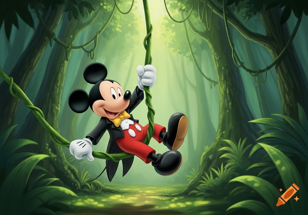 Mickey Mouse in a tuxedo jacket, red pants, and yellow bow tie swings on a green vine through a lush jungle.