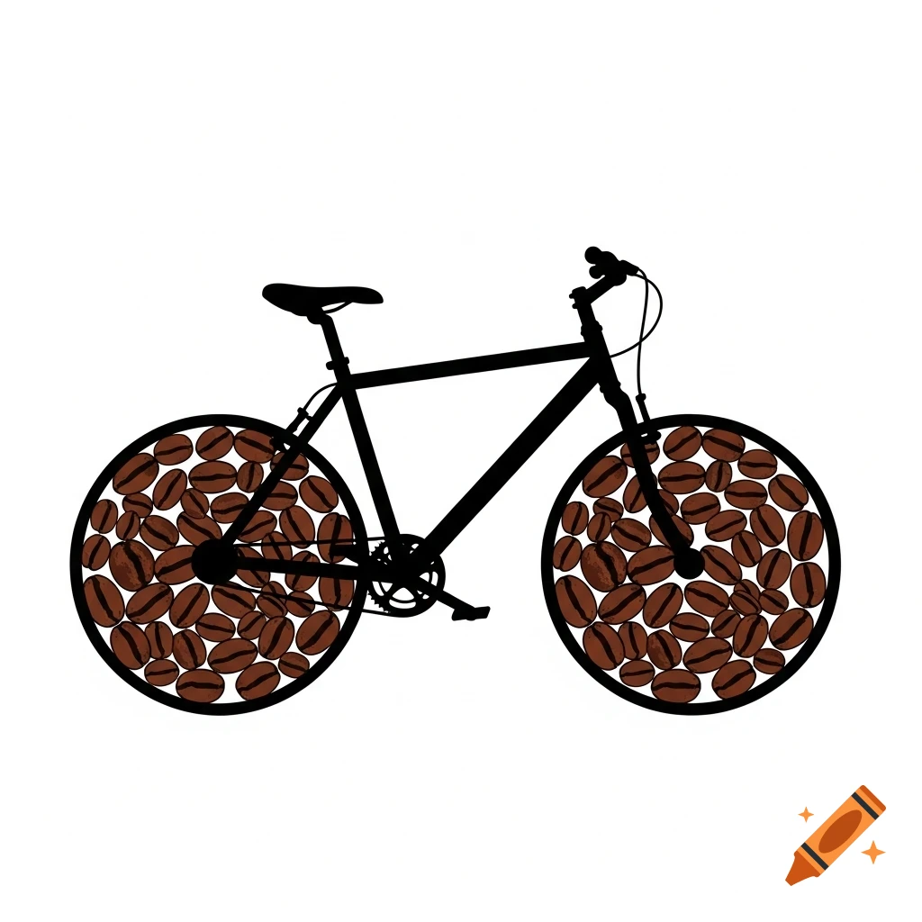 A black silhouette of a bicycle with wheels composed entirely of coffee beans on a white background.