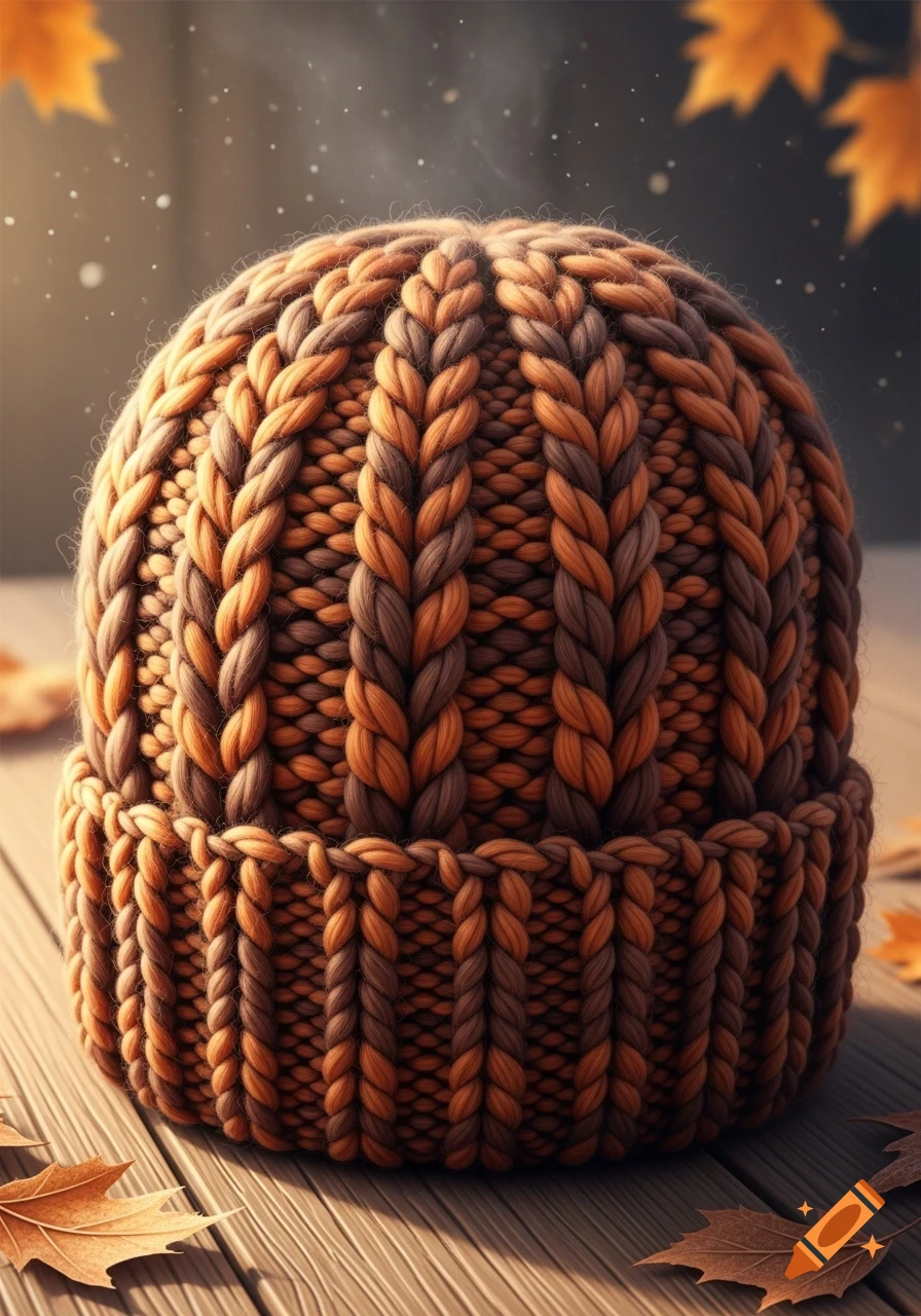 Photorealistic image of a chunky knit orange and brown beanie hat on a wooden surface with autumn leaves.