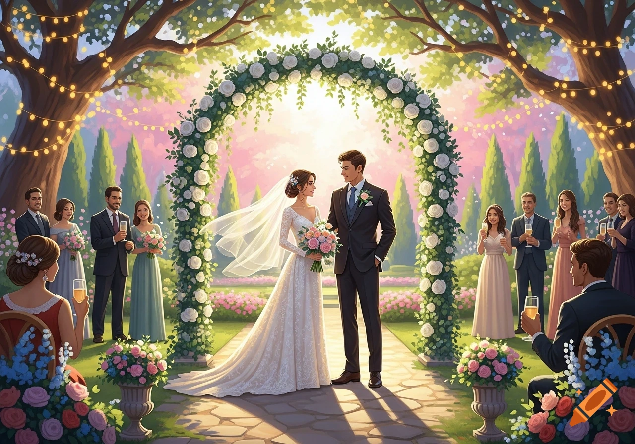 A happy couple exchanges vows under a floral arch at an outdoor garden wedding, with guests watching.